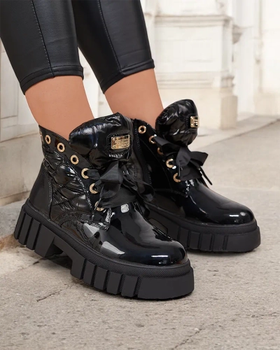 Royalfashion Prošívané lakované dámské černé kozačky Alefro