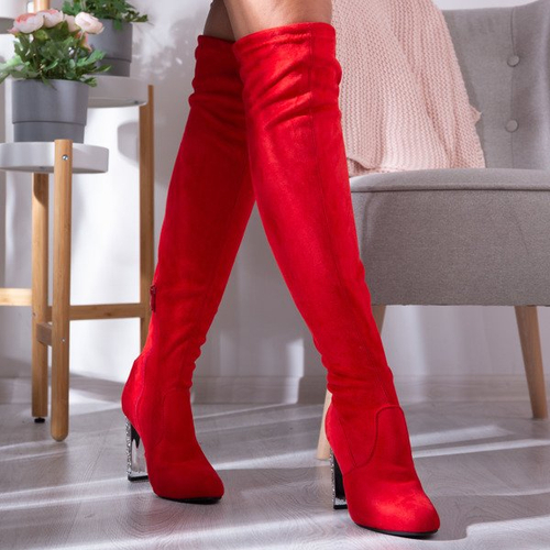 Червоні ботфорти на каблуці з камінням Buenos - Взуття