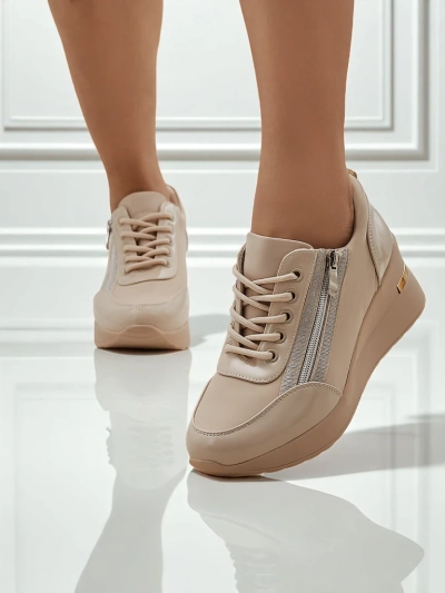 Dámské sneakersy klínkové HeraBea béžové z ekologické kůže 6,5 cm se zipem