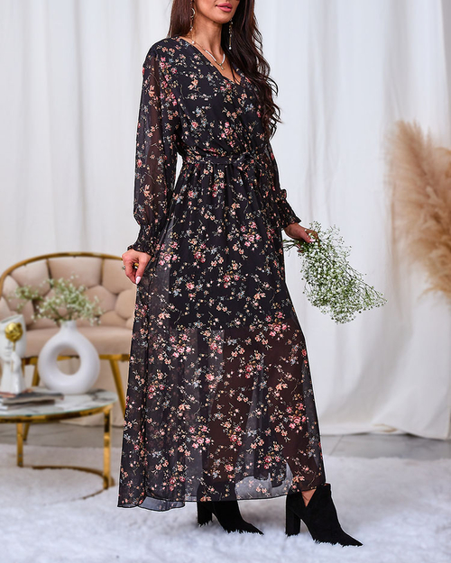 Royalfashion Чорно-рожева сукня міді з сітки з принтом