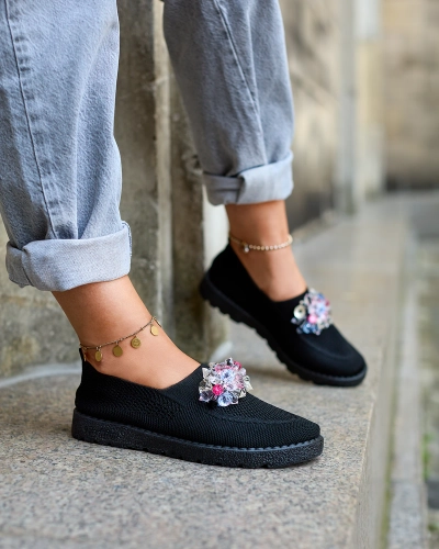 Royalfashion Чорні жіночі тканинні мокасини з кристалами Fezens