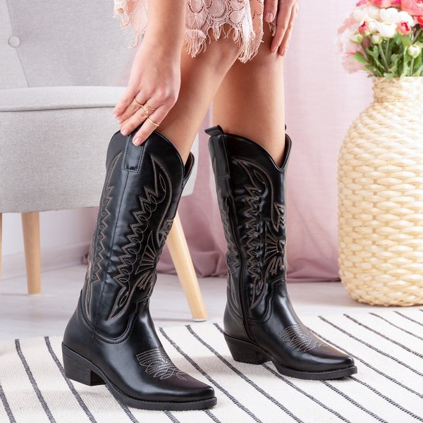 Černé kovbojské boty do lýtka s nízkými podpatky Cowboy - Obuv