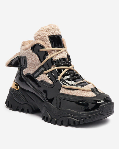 Чорні жіночі спортивні кросівки з хутром та бежевою шнурівкою Adbo- Footwear