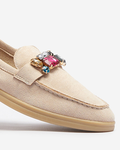Бежеві жіночі мокасини з екозамші з декоративними кристалами Nellens- Footwear