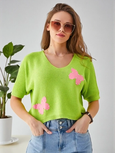 Royalfashion Dámský krátký svetr z bavlny s motýlky