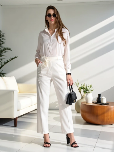 Royalfashion Viskózové rovné kalhoty pro ženy s květinou