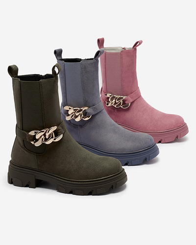 Dámské tmavě zelené kozačky z ekokůže s řetízkem Mefrika- Obuv