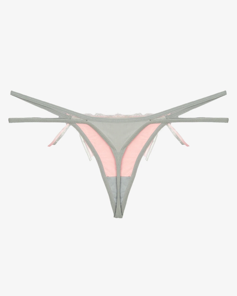 Dámská šedorůžová tanga s krajkou a ozdobnými pásky - Spodní prádlo