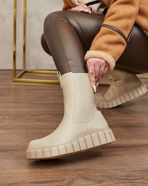 Royalfashion Жіночі високі черевики на плоскому каблуці кольору екрю Elicane