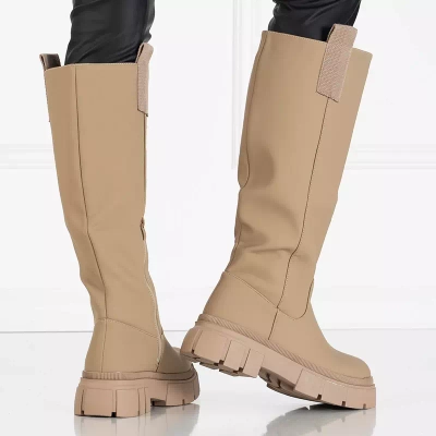 VÝPRODEJ Béžové dámské kozačky do půli lýtek Oledd- Footwear