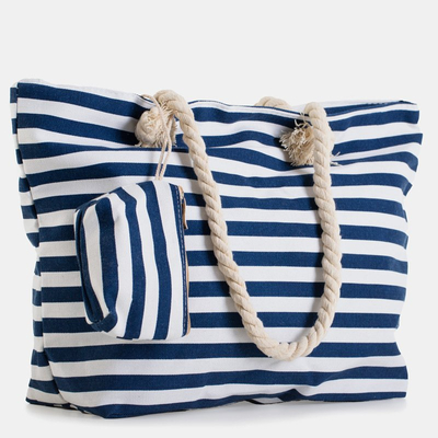 Темно-синя пляжна сумка в білу смужку з косметичкою