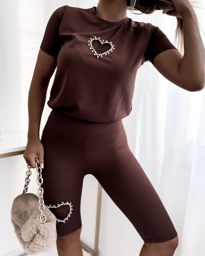 Royalfashion Dvoudílný dámský sportovní set se zirkony v hnědé barvě