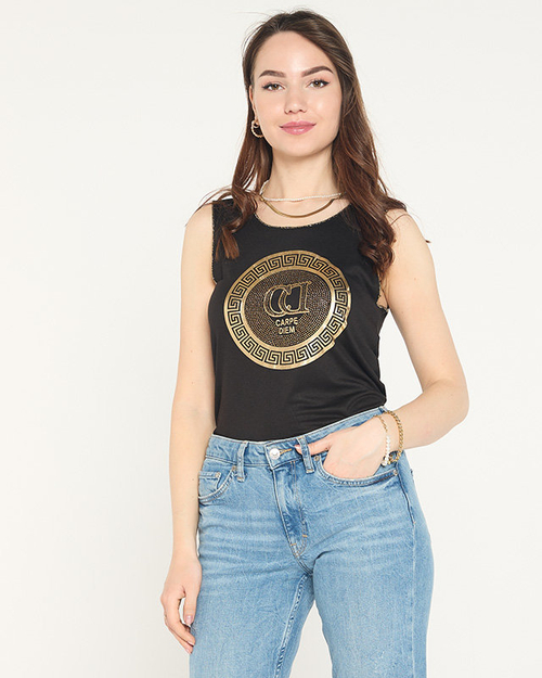 Чорний топ на бретелях з принтом і цирконами