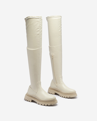 OUTLET Béžové dámské kozačky nad kolena na silnější podrážce Amerima- Obuv