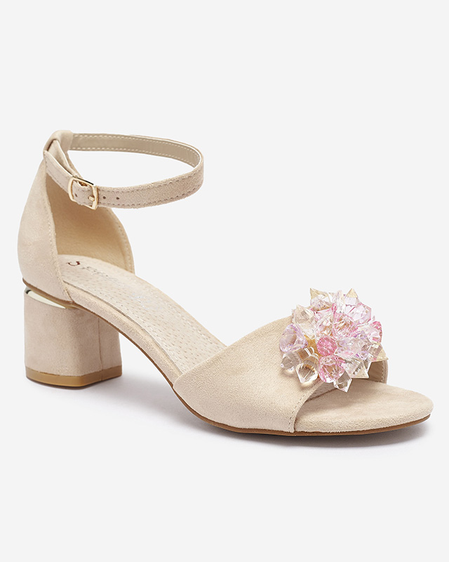 Béžové dámské sandály na podpatku s ozdobnými krystaly Cerosso- Obuv