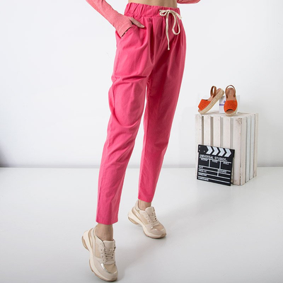 Růžové dámské rovné bavlněné kalhoty PLUS SIZE - Oblečení