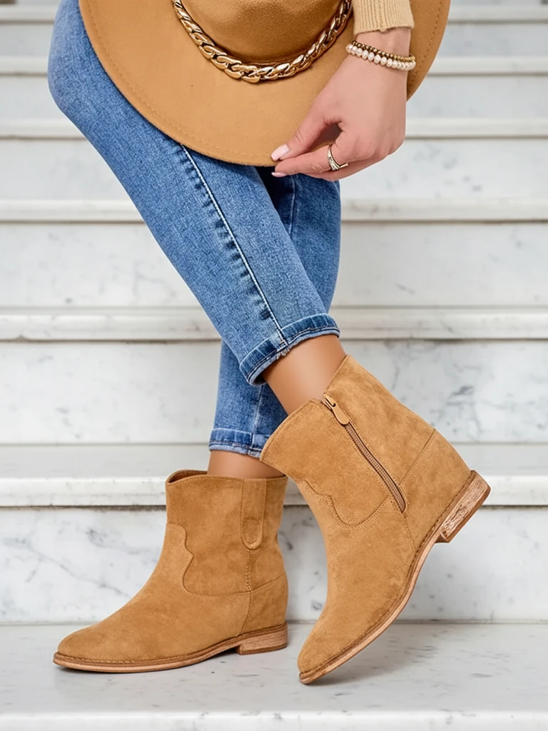 Royalfashion Hnědé kotníkové boty s kovbojským stylem na zakrytém klíně Patorias