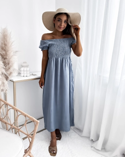 Довга жіноча сукня а-ля гімнастерка синього кольору - Одяг