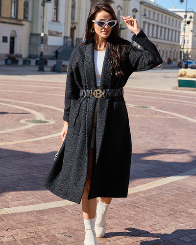 Royalfashion Чорне жіноче пальто з овчини з поясом