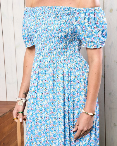 Modré dámské midi šaty s květinovým vzorem - Oblečení