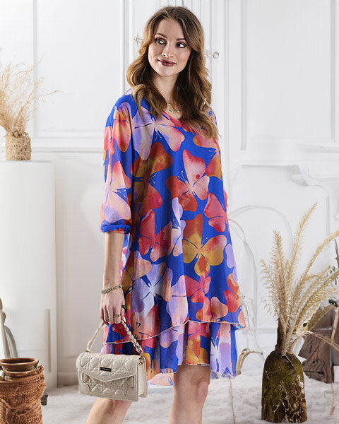 Námořnicky modré dámské šaty ke kolenům s potiskem a volánem - Oblečení