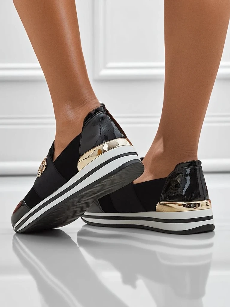 Dámské slip-ony Elektra Nero se zlatým akcentem, ekologická kůže, 3,5 cm