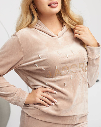 Béžová dámská tepláková souprava s potiskem a perličkami - Oblečení