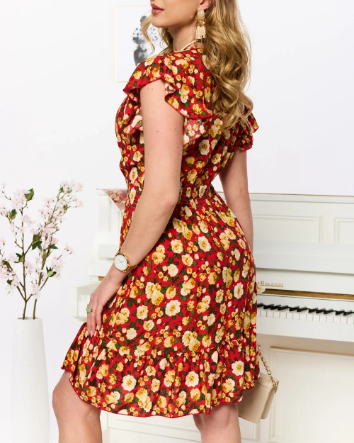 Червоно-жовта коротка жіноча сукня з принтом - Одяг
