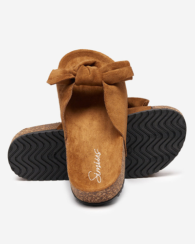 Жіночі еко-замшеві тапочки з бантом верблюжого кольору Dofro- Footwear