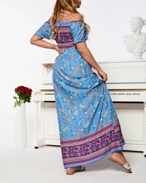 Синя жіноча сукня міді з квітковим візерунком - Одяг