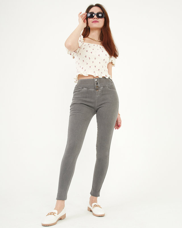 Tmavě šedé dámské treginy s ozdobnými knoflíky - Oblečení