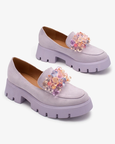 OUTLET Royalfashion Fialové dámské mokasíny s barevnými krystaly Crystal Glam