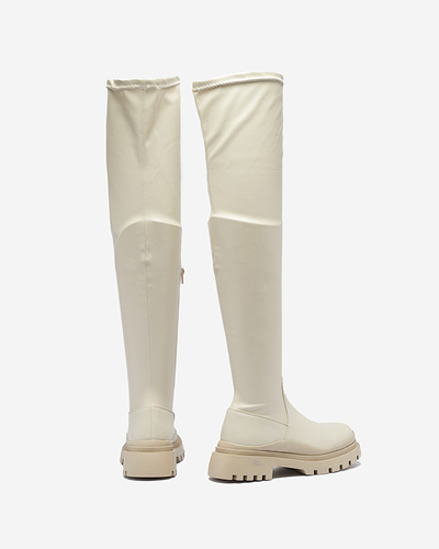 OUTLET Béžové dámské kozačky nad kolena na silnější podrážce Amerima- Obuv