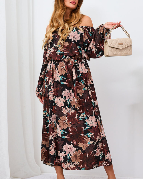 Royalfashion Чорно-коричнева квіткова максі-сукня для жінок