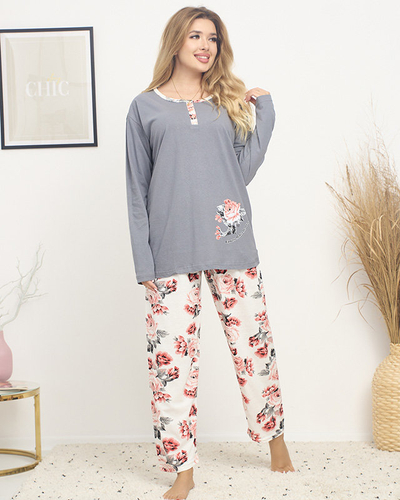 Šedé dámské pyžamo s květinovým potiskem PLUS SIZE - Oblečení