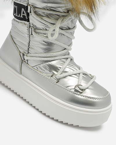 Stříbrné dětské nazouvací boty a'la snow boots s kožíškem Asika - Obuv