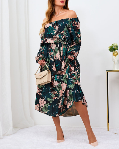 Royalfashion Чорно-зелена квіткова максі-сукня для жінок