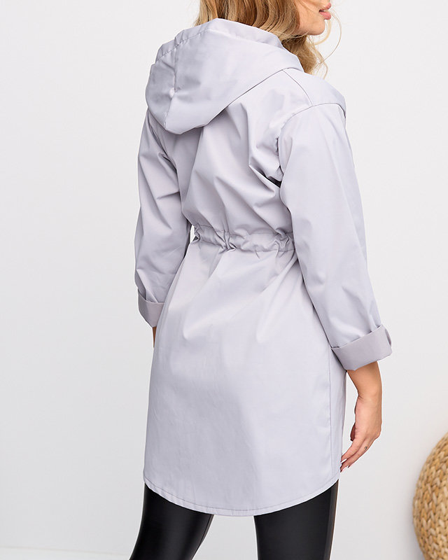 Dámská světle šedá bunda dlouhá větrovka se zavazováním v pase - oblečení