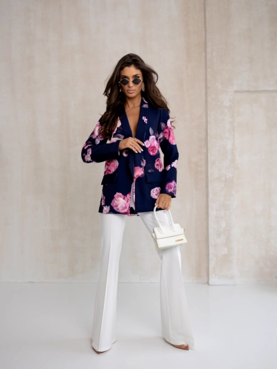 Royalfashion Dámský blazer bez zapínání s růžovými květy