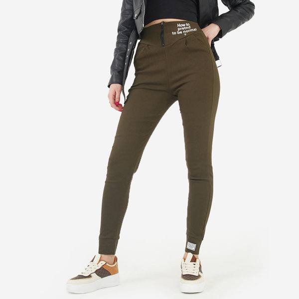 Dámské zelené látkové treginy s ozdobnými nápisy - Oblečení