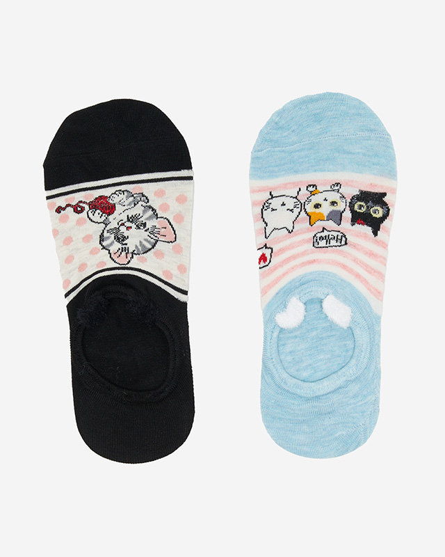 Чорно-блакитні жіночі шкарпетки з принтом 2 кошенят/уп. - Нижня білизна