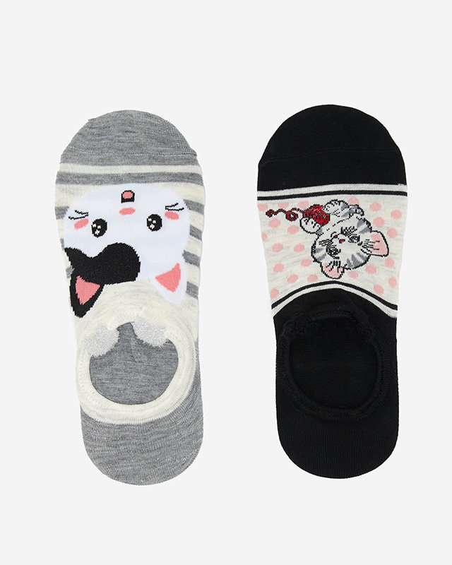 Шкарпетки жіночі сіро-чорні з принтом 2 кошенят/уп. - Нижня білизна