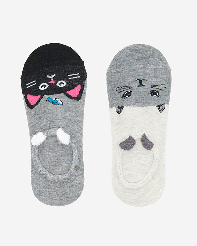 Сіро-бежеві жіночі шкарпетки з принтом з 2 котами/уп. - Нижня білизна