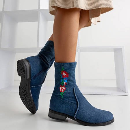 Темно-сині чоботи на плоскому каблуці з вишивкою Muraja - Взуття