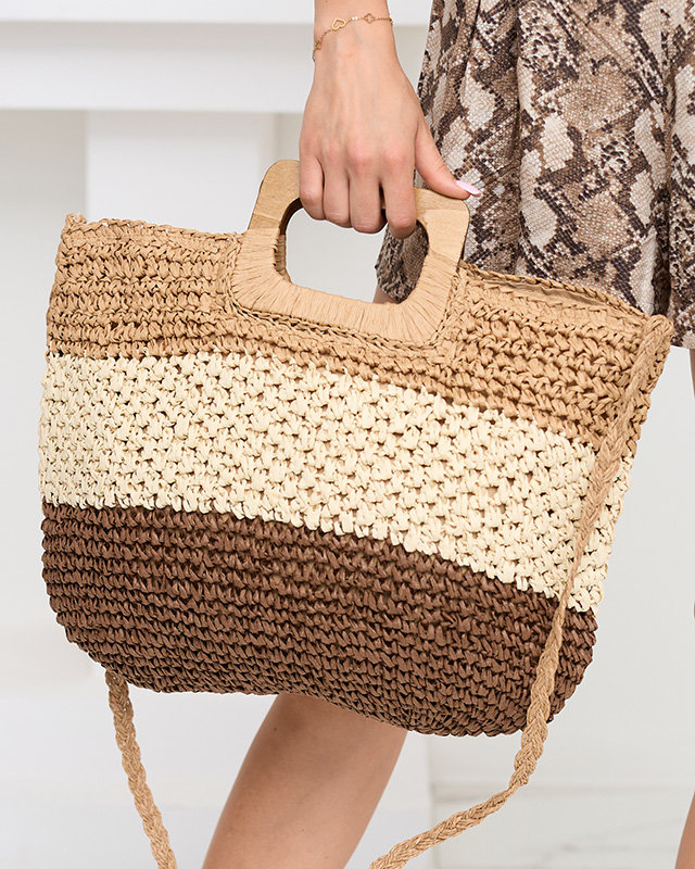 Велика коричнево-бежева жіноча сумочка в солом'яну смужку - Аксесуари
