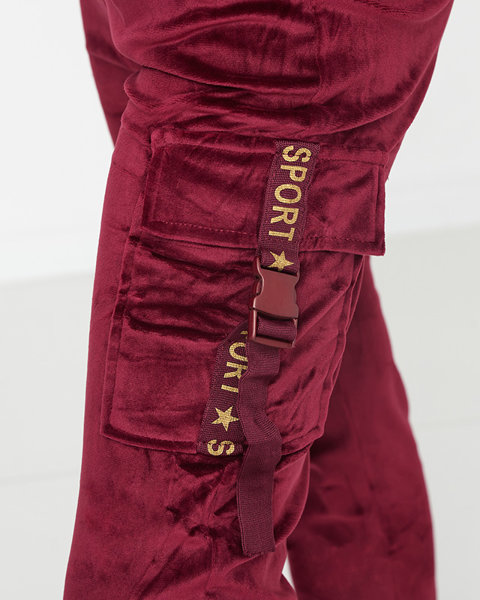 Бордові жіночі велюрові спортивні штани карго - Одяг