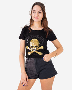Чорна жіноча футболка з паєтками та написами