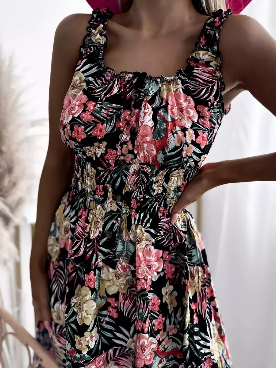 Чорна жіноча сукня до коліна з квітковим мотивом - Одяг