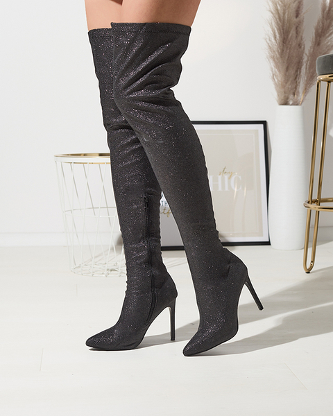 Чорні жіночі чоботи вище коліна з блискітками Qesda- Footwear