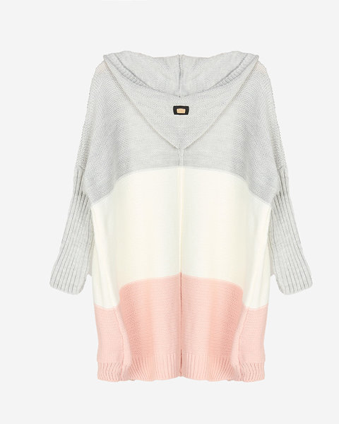 Довгий жіночий светр-накидка сірого, кремового та рожевого кольорів